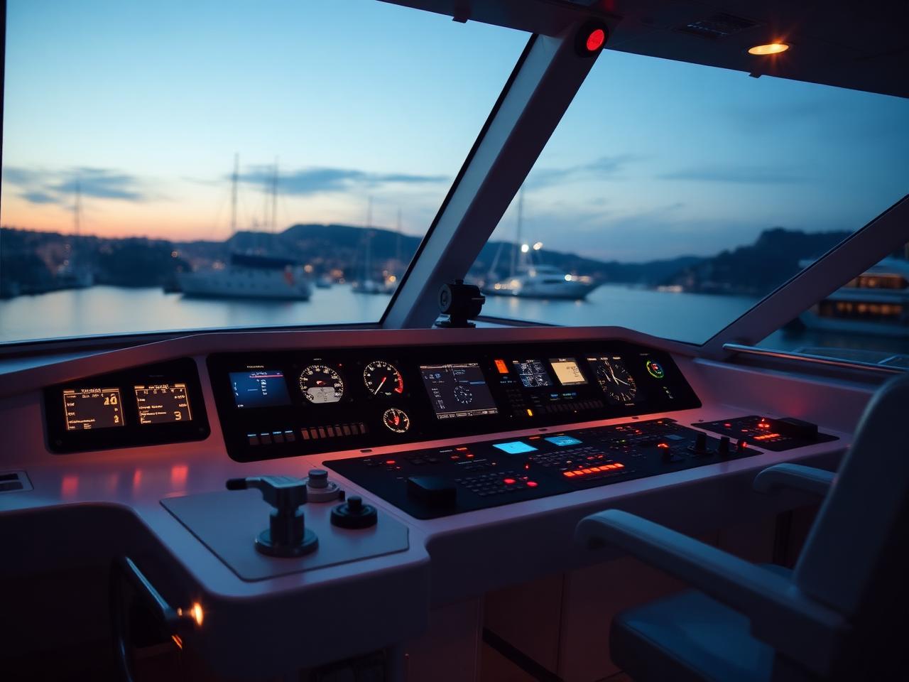 Yacht bridge console at dusk