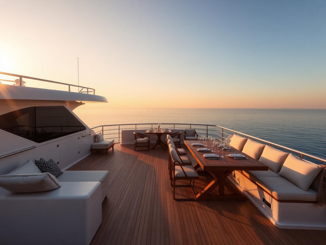 Aft deck of a superyacht set for dinner at golden hour