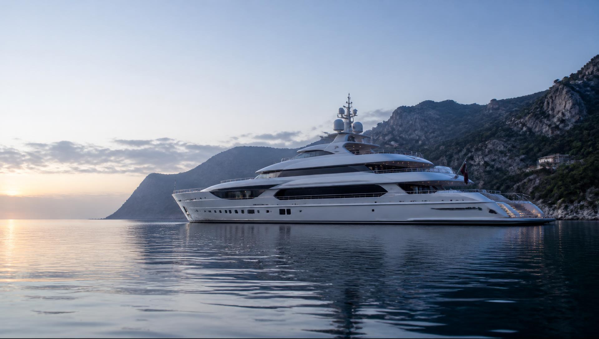 Superyacht at anchor in a Mediterranean bay at dawn
